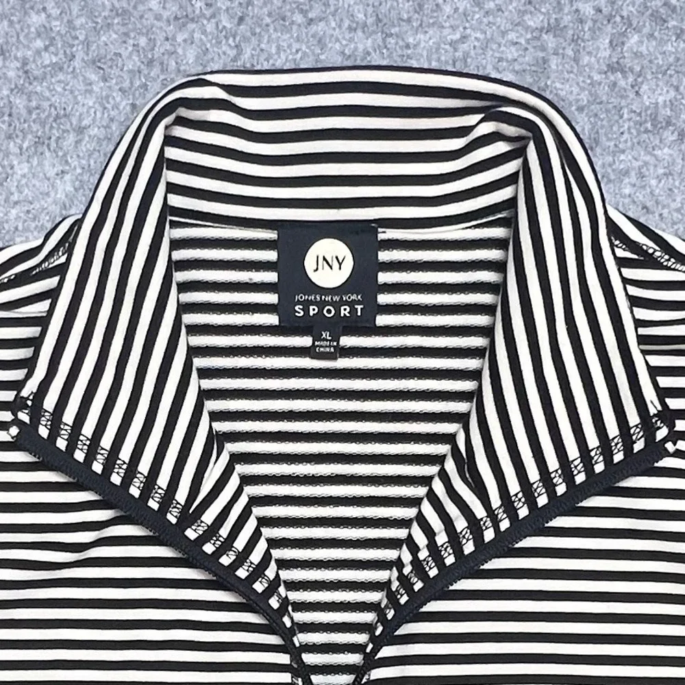 Jones New York Sport Black White Striped Full Zip Mock Neck Jacket Womens XL‎